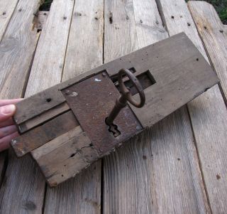 Antique Wood Encased Door Lock With Key