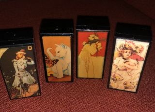 Set Of 4 Vintage Photo Black Lacquer Trinket/ Pill Boxes