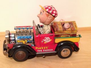 Vintage Battery Operated Tin Toy Farmer Driving Truck With Pigs On