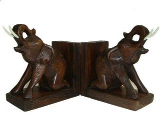 Wooden Trunk Up Elephant Pair Bookends Handcarved From Acacia Wood In Thailand