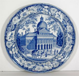1830s Boston State House Historical Staffordshire Flow Blue Plate Enoch Wood