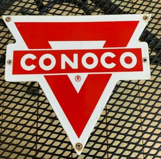Vintage Conoco Red Triangle Porcelain Gas Pump Plate Sign