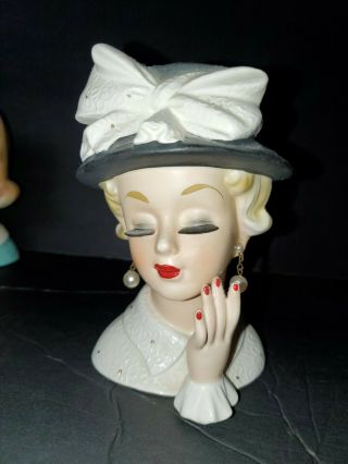 Vintage Enesco Lady Head Vase White Dress & Black Hat With Pearl Earrings