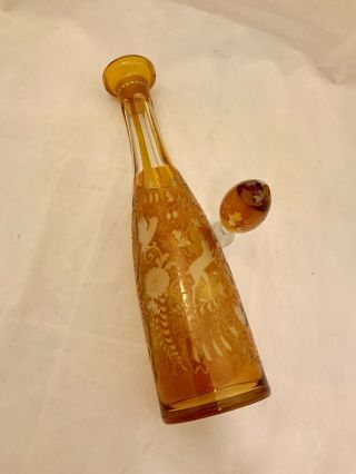 Vtg Amber Yellow Wine Decanter Cut To Clear Etched Animal & Floral Design Czech?
