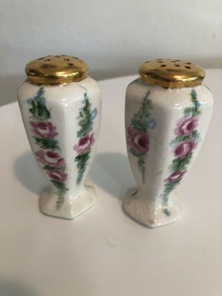 Antique Porcelain Hand Painted Roses Flower Gold Salt And Pepper Shakers