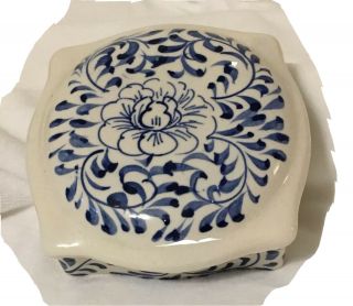 Vintage Ceramic Stoneware Trinket Box With Lid Blue & White Floral Design 5”x5”