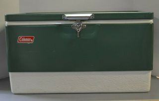 Vintage 1974 Coleman Green Metal Cooler W/ Ice Pack & Sandwich Snack Tray 22”