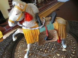 Vintage Japan Samurai Horse For Doll White Paper Mache Composition Glass Eyes