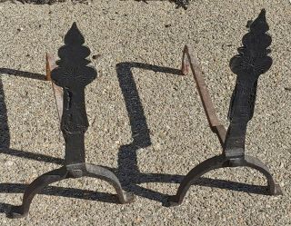 Antique 18th Century Hand Forged Wrought Iron Andirons Early Americana