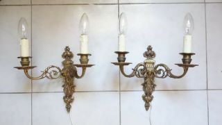 Pair Vintage French Empire Style Ornate Bronze Wall Lights / Candle Sconces