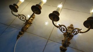 Pair Vintage French Empire Style Ornate Bronze Wall Lights / Candle Sconces 3