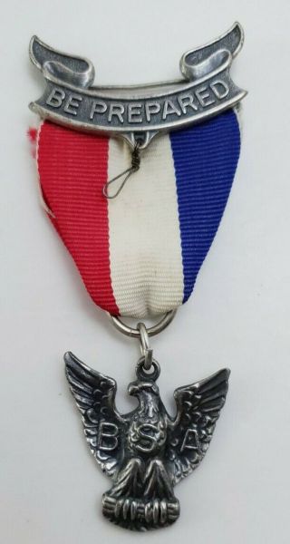 Vintage Sterling Silver Eagle Scout Pin Ribbon Be Prepared Bsa