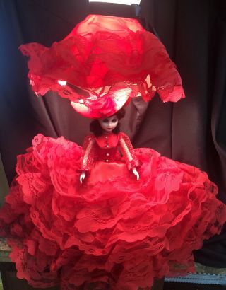 Vintage Doll Table Lamp - Red Victorian Ruffle Dress & Hat Doll Lamp