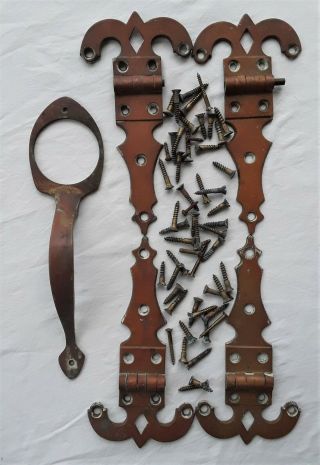 Antique Solid Copper Barn Strap Hinges.  Set Of 4 With Copper Door Handle.