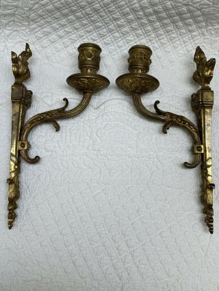 Small Antique Pair French Gilt Bronze Or Brass Single Arm Wall Sconces