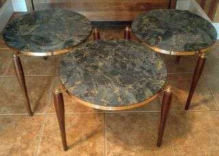 3 Mcm Vtg Faux Marble Nesting Tables Wood Pencil Legs Stackable Side/end Tables