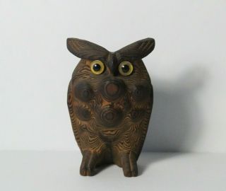 Vintage Mid Century Japanese Wony Carved Cryptomeria Wood Owl Signed Orig Label