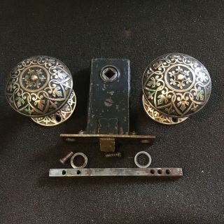Antique Eastlake Victorian Nimick & Brittan Doorknob Set & 2 Brass Rosettes
