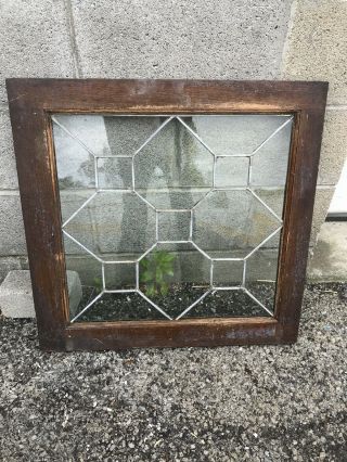 Mk121 Antique Leaded Glass Window Oak Frame 24.  75 X 24
