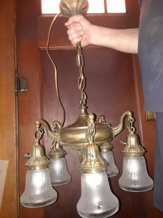 Antique Brass Vintage Arts And Crafts Craftsman Mission Light Chandelier Rewired