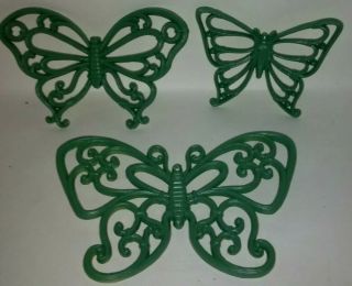 Vintage Homco Syroco Set Of 3 Green Plastic Butterflies Wall Decor Hangings 1978