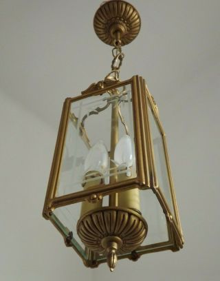 French Vintage Etched Glass & Brass Square Ceiling Lantern Chain & Rose 2241