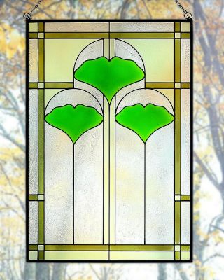 Arts And Crafts Ginkgo Stained Glass Panel 20.  5 " X 14 " - Hand Crafted In The Usa