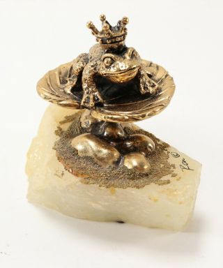 Vintage Signed Ron Lee Brass Metal Prince Frog Crown Figure On White Obsidian