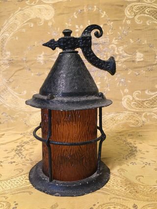 Arts Craft Cast Iron Porch Light Lamp Sconce Forged Gothic Spanish Mission Amber 2