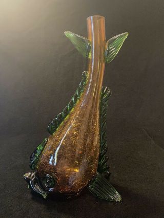 Vtg Mcm Amber Green Crackle Art Glass Standing Fish Dolphin Vase Tail Up