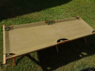 Vintage Wwii Army Military Folding Canvas Wood Frame Camp Cot Camping Bed