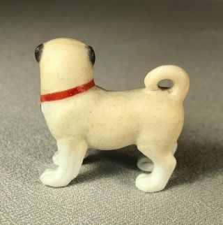 ANTIQUE BISQUE PORCELAIN PUG DOG FIGURINE,  MINIATURE,  WEARING RED COLLAR W/ TAG 3