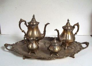 Vintage Wallace Baroque Silverplate Coffee And Tea Set With Tray,  Sugar Creamer