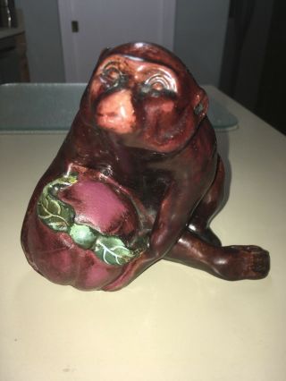 Vtg Collectible Porcelain/ Brown Ceramic Monkey Glazed Holding Fruit No Chips