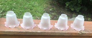Antique Set Of 5 Glass Sconce Lamp Chandelier Glass Shades Frosted Pink 2” Fittr