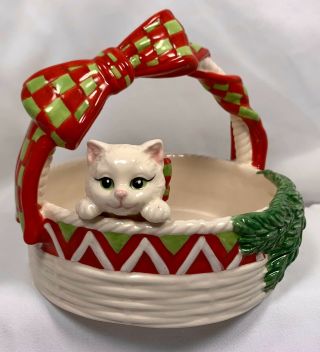 Fitz And Floyd F&f Yuletide Christmas Kitten Cat Basket Figure Kitty Figurine