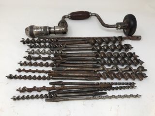 Set Of 18 Vintage Russell Jennings Spur Auger Drill Bits & Stanley Hand Drill