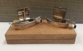 Vintage 925 Sterling Silver Sailboat Salt And Pepper Shakers With Wooden Box