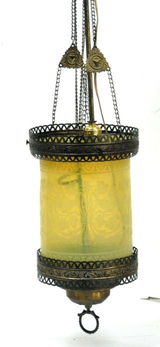Great Hanging Hall Light With Etched Vaseline Glass Shade W/ Brass Frame