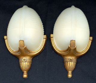 Pair Art Deco Wall Sconces Frosted Ribbed Turtle Shell Form Slip In Shades