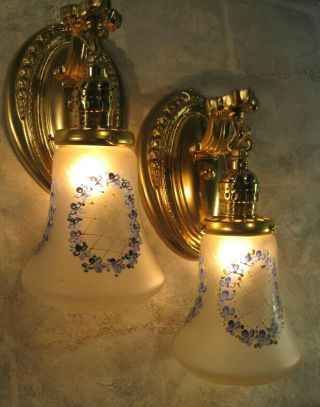 Sconces (2) Antique Victorian Hand Painted Floral Shades Restored Rewired
