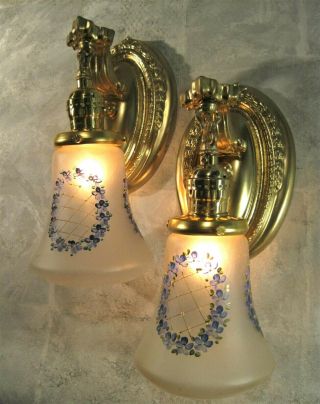 Sconces (2) Antique Victorian Hand Painted Floral Shades Restored Rewired 2