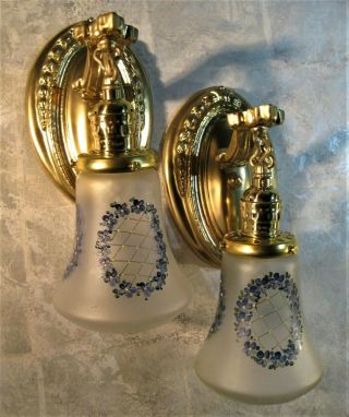 Sconces (2) Antique Victorian Hand Painted Floral Shades Restored Rewired 3