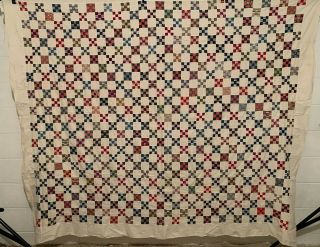 Antique Vintage Cotton Fabric Late 1800s 9 - Patch Postage Stamp Quilt Top