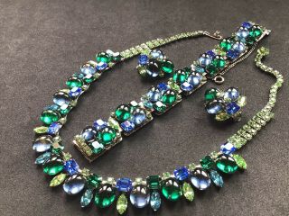 Vintage Unsigned Weiss? Blue,  Green Cabochon And Rhinestone Demi Parure