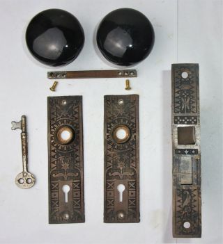 Antique Set Eastlake Backplates Black Porcelain Door Knobs Mortise Lock W/ Key