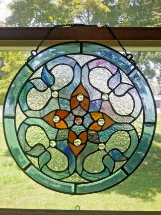 Round Tiffany Style Stained Glass Victorian Window Panel Jeweled/ Beveled 12 "