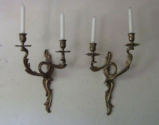 Pair Large French Antique Gilt Bronze Louis Xv Candle Sconces,  Wall Lights