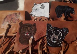 5 Bears,  Handmade,  Painted Medicine Bag Made Out Of Lambskin.