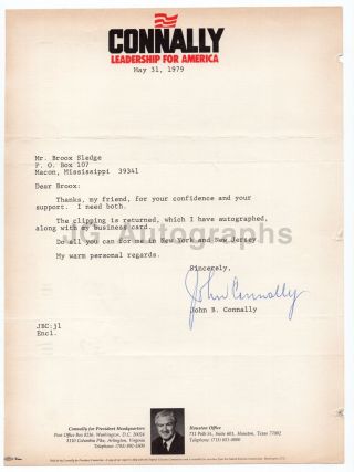 John Connally - U.  S.  Secretary Of The Treasury - Signed Letter (tls),  1979